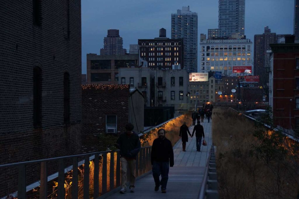 Gentle lighting under the railings on the High Line. Photo: Annik LaFarge, author of On the High Line