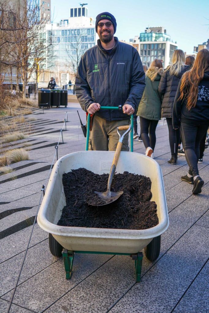 Horticulturist during the Cutback in the Tenth Avenue Square on the High Line, March 2017. Photo: Annik LaFarge, author of On the High Line