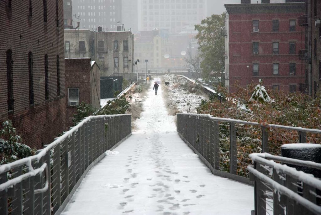 The Flyover looking north, during a December 2011 snowstorm. Photo: Annik LaFarge, author of On the High Line