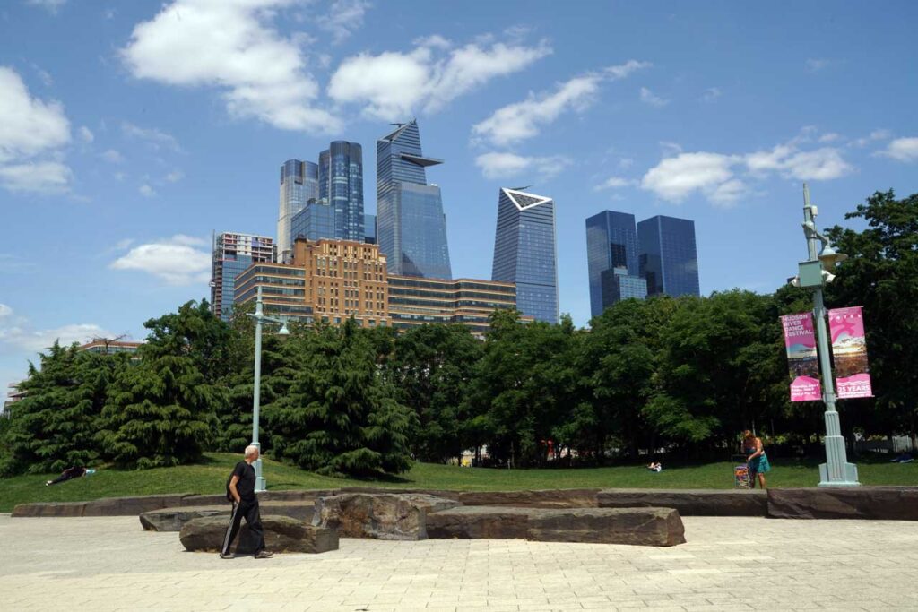 The new Hudson Yards skyline from Hudson River Park, June 2023. Photo: Annik LaFarge, author of On the High Line