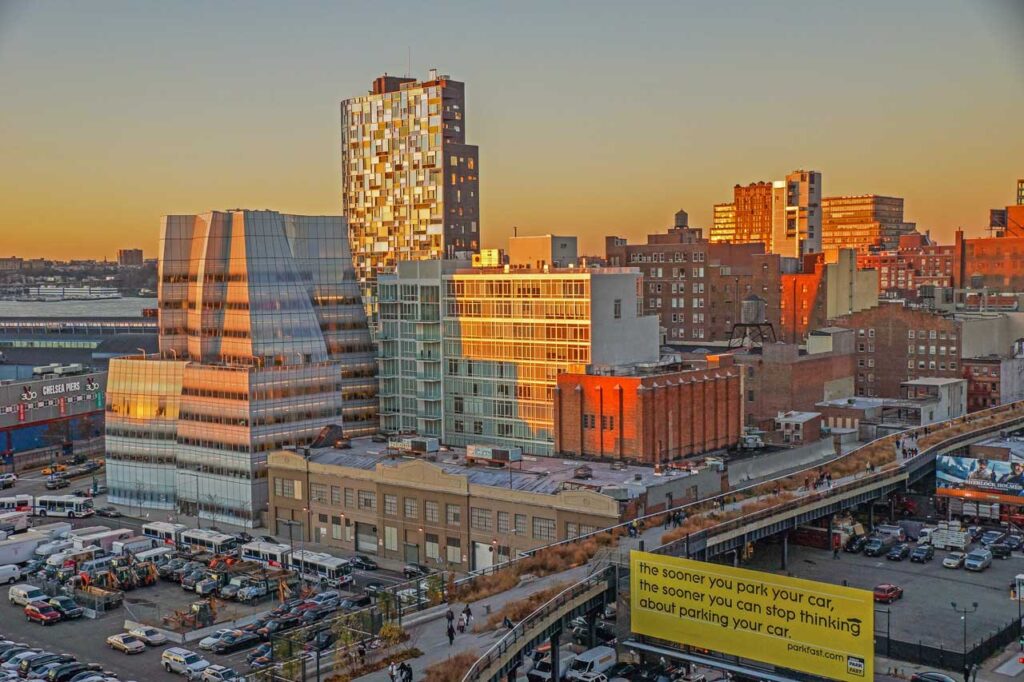 Aerial view of High Line architecture, December 2011. Left to right: IAC, Nouvel, Metal Shutter Houses, 520 W. 19, The Kitchen. Photo: Annik LaFarge, author of On the High Line