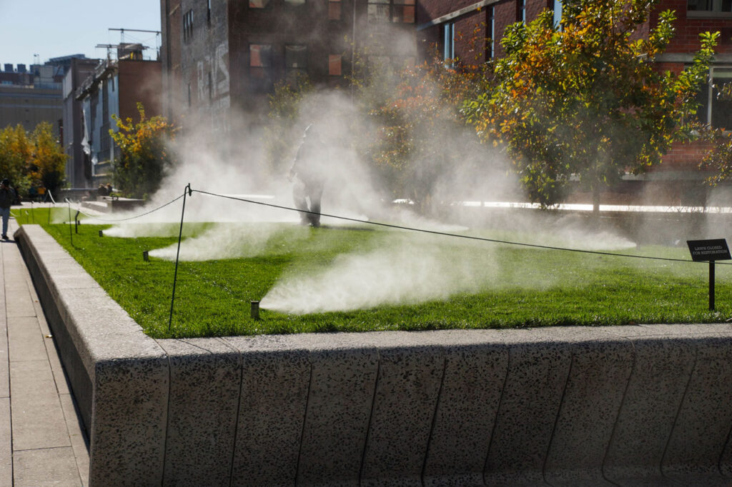 The demands of a modern lawn: sprinklers working in November 2012. Photo: Annik LaFarge, author of On the High Line