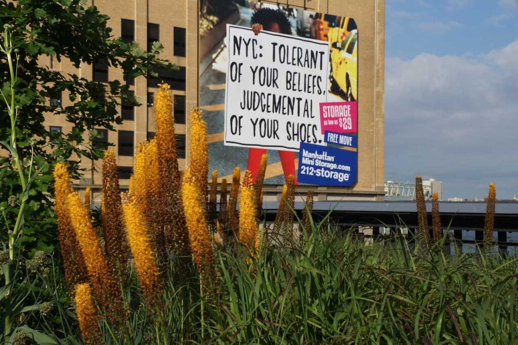 Manhattan Mini Storage billboard, June 2012, on the former Merchant Refrigerating Warehouse in the Chelsea Grassland on the High Line. Photo: Annik LaFarge, author of On the High Line