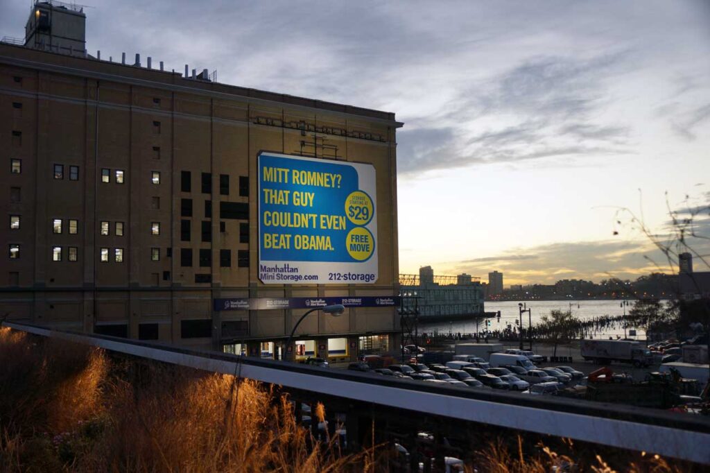 Manhattan Mini Storage billboard, November 2011, on the former Merchant Refrigerating Warehouse in the Chelsea Grassland on the High Line. Photo: Annik LaFarge, author of On the High Line