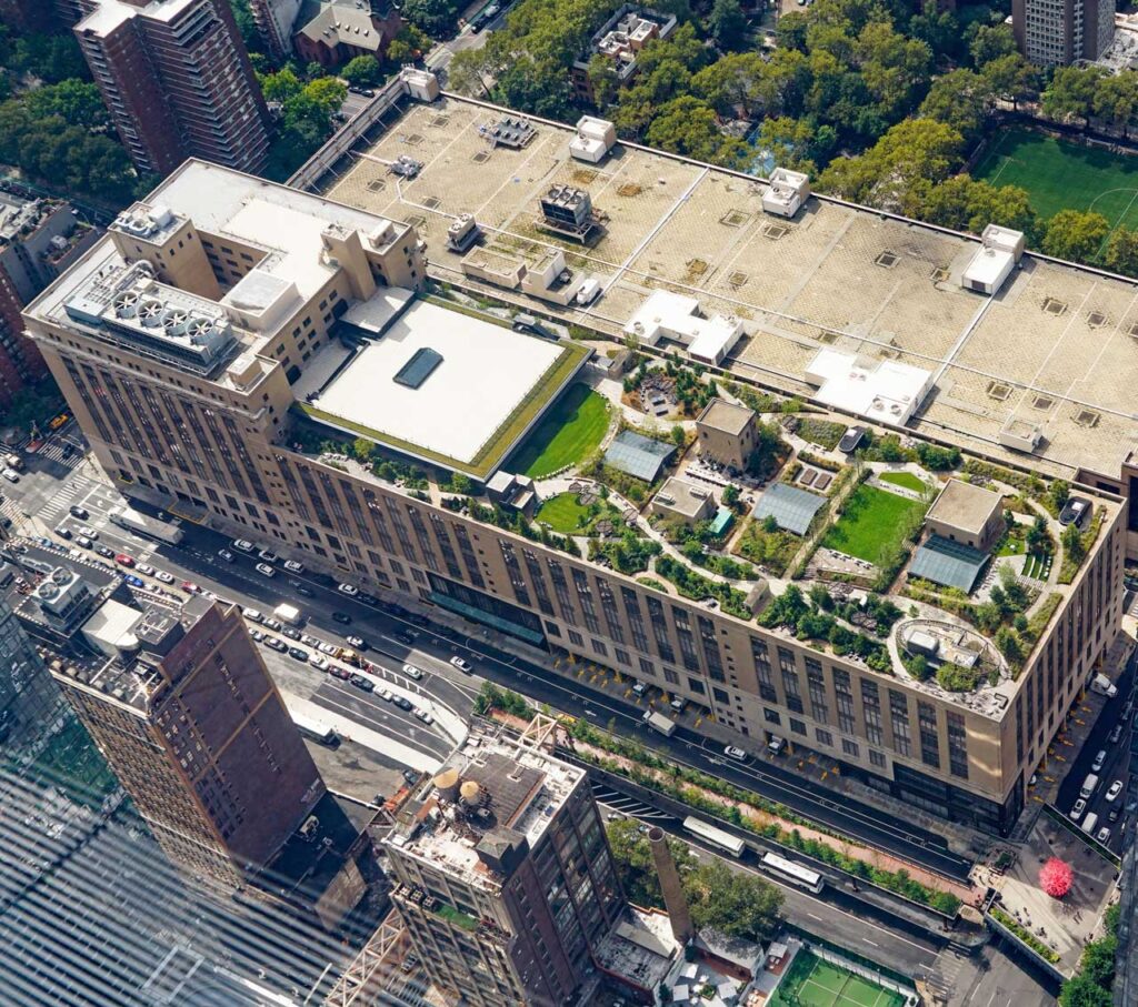 Aerial shot of the Morgan Mail Facility roof garden, Moynihan Connector and Tenth Avenue Spur, August 2023. Photo: Annik LaFarge, author of On the High Line