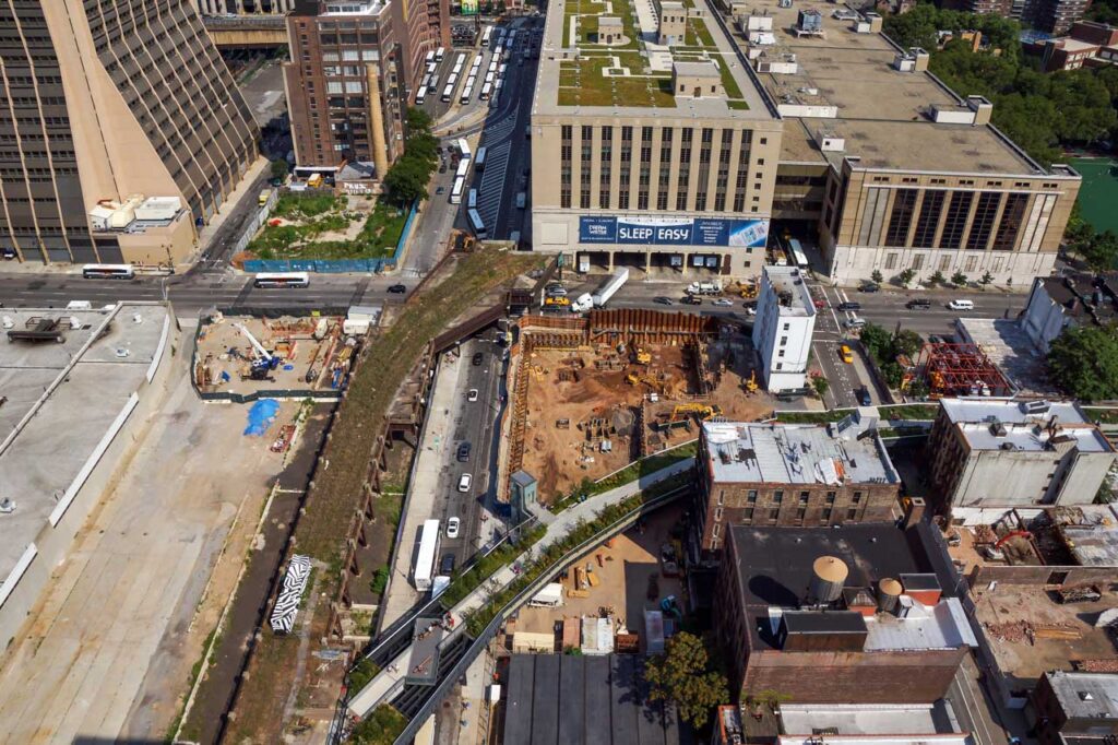 Aerial shot of the Tenth Avenue Spur with tracks leading to the opening for the mail trains, July 2012. Photo: Annik LaFarge, author of On the High Line