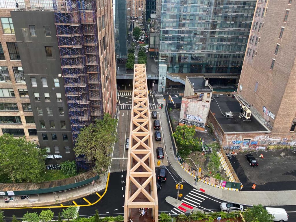 Overhead shot of the Timber Bridge, showing the beautiful patterns of the timbers. Photo by Annik LaFarge, author of On the High Line