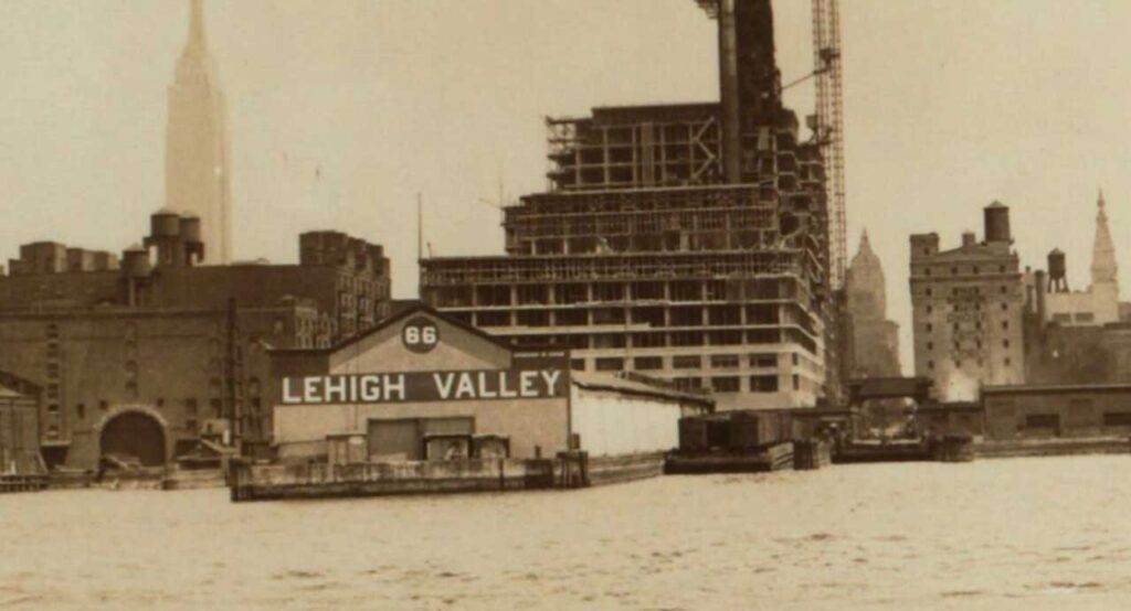 Lehigh Valley RR Pier 66 1931, with Starrett-Lehigh warehouse under construction. Photo: Percy Loomis Sperr, July 12, 1931, New York Public Library Digital Archive