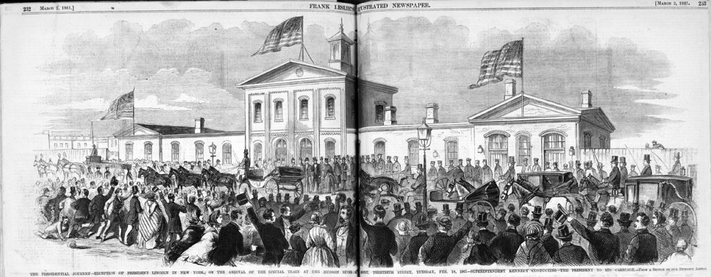 Abraham Lincoln’s Special Inaugural Train at the Hudson River Railroad Depot, 1861. From Frank Leslie’s Illustrated Newspaper, courtesy the Library of Congress