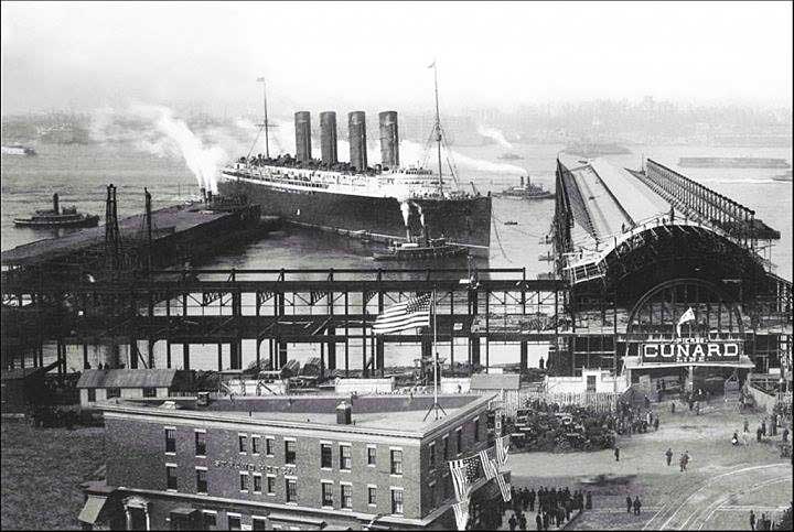 Lusitania warping into Pier 54, with Liberty Inn in the foreground. Photographer unknown