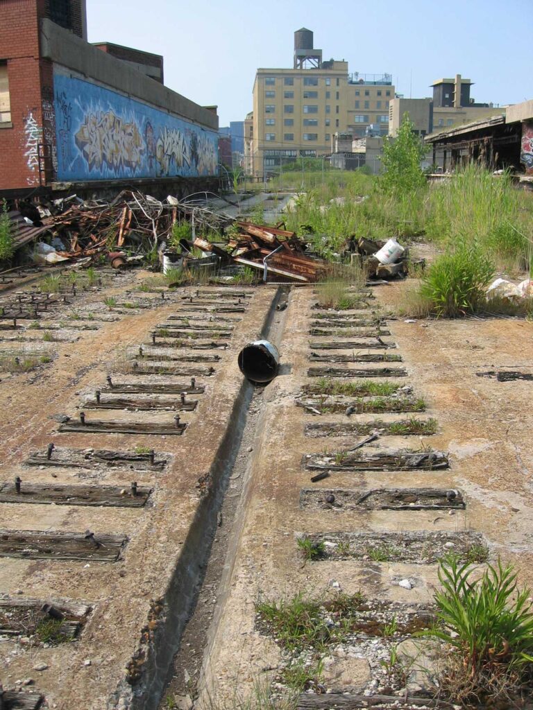 Looking south across the abandoned viaduct in today's Washington Grasslands: the former Merchant Refrigerating warehouse center. Photo: Mike Epstein
