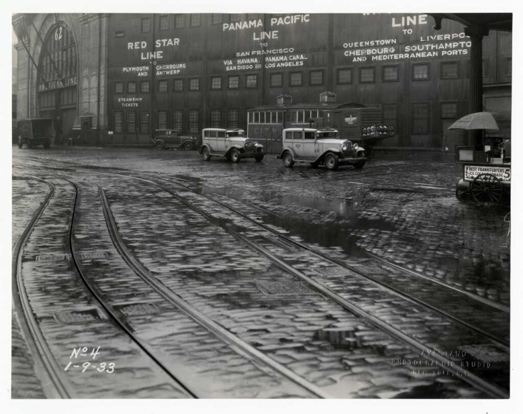 The best photographic illustration of the marriage of river and rail: train tracks snake by Pier 62, January 1933. Photo: NYC Municipal Archives