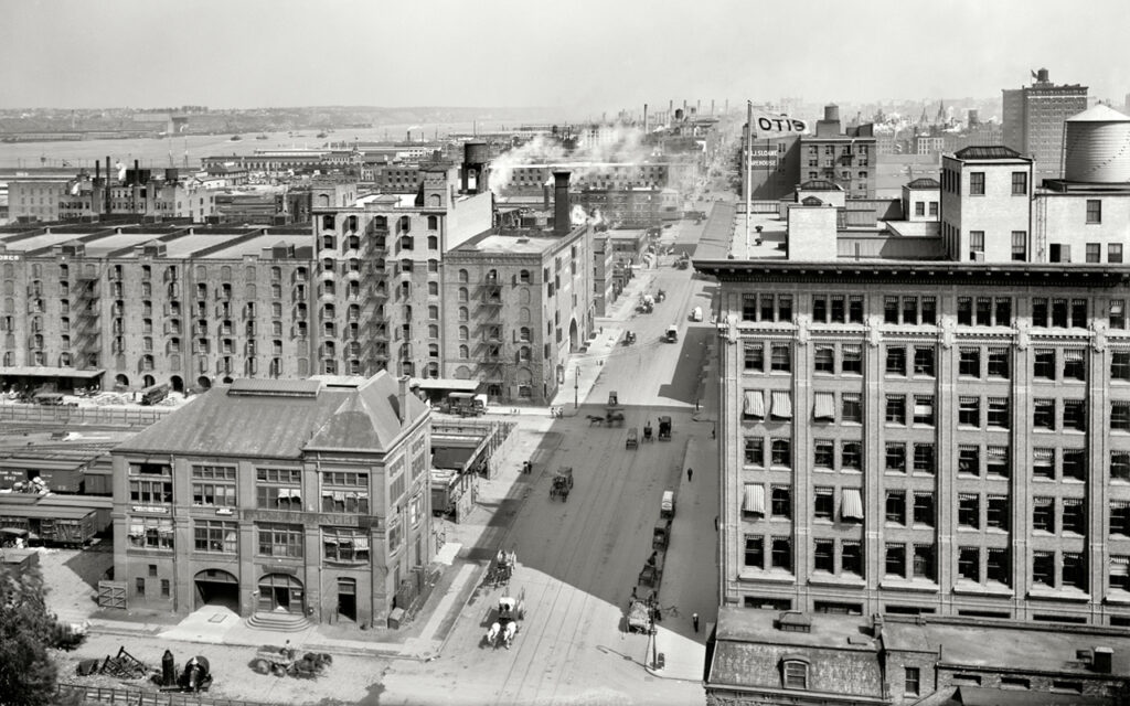 1912: Eleventh Avenue looking north from 26th Street. Otis Elevator at right, Cornell Iron Works at left. Photo: Detroit Publishing Company, Library of Congress Prints & Photographs Division